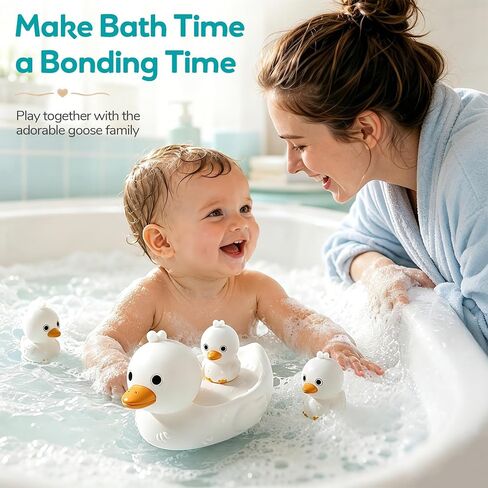 4Pcs No-Hole Goose Family Bath Toys for Toddler 6M+ | BPA-free soft rubber, Sensory floating bath set, Easy clean, For pool, beach & splash play, Ideal water play gift for babies in Kuwait