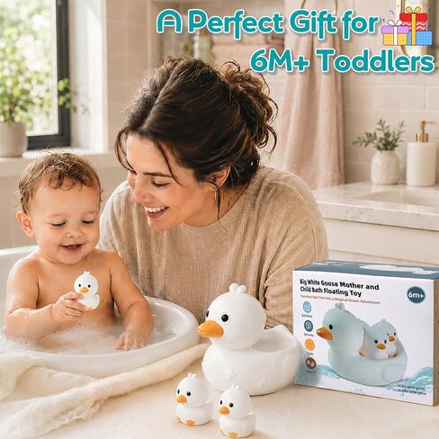 4Pcs No-Hole Goose Family Bath Toys for Toddler 6M+ | BPA-free soft rubber, Sensory floating bath set, Easy clean, For pool, beach & splash play, Ideal water play gift for babies in Kuwait