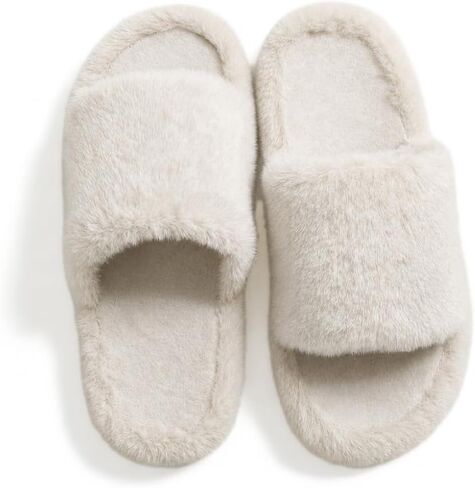 Fuzzy Slippers for Women Open Toe, Cozy Plush House Slides with Memory Foam, Cute Indoor Outdoor Slippers in Kuwait