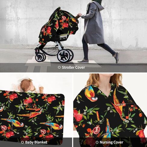 Tropical Flowers Pomegranates and Parrot Birds Baby Car Seat Cover & Breastfeeding Nursing Cover - Breathable Stretch Fabric Multi-Use Nursing Cover for Breastfeeding in Kuwait