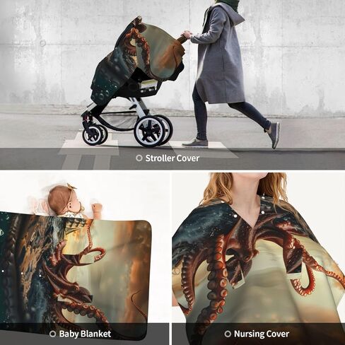 Suckers On The Day Octopus and Sailors Ship Baby Car Seat Cover & Breastfeeding Nursing Cover - Breathable Stretch Fabric Multi-Use Nursing Cover for Breastfeeding in Kuwait