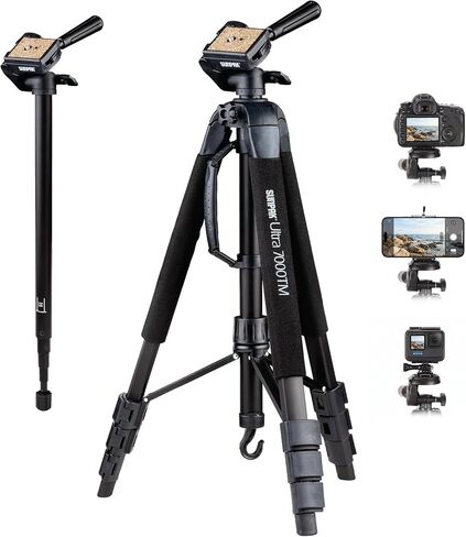 Sunpak Ultra 7000TM Tri-Monopod (Black) | 70" aluminum 2-in-1 tripod & monopod. Features 3-way fluid-effect pan head, quick-release, bubble level & leg wraps. in Kuwait