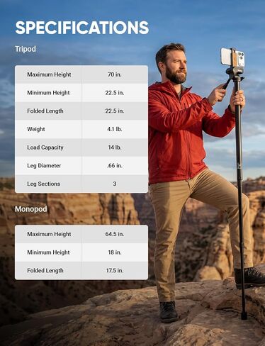 Sunpak Ultra 7000TM Tri-Monopod (Black) | 70" aluminum 2-in-1 tripod & monopod. Features 3-way fluid-effect pan head, quick-release, bubble level & leg wraps. in Kuwait