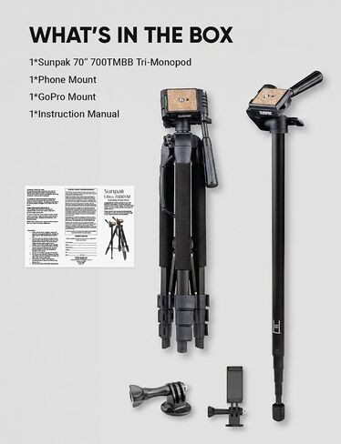 Sunpak Ultra 7000TM Tri-Monopod (Black) | 70" aluminum 2-in-1 tripod & monopod. Features 3-way fluid-effect pan head, quick-release, bubble level & leg wraps. in Kuwait