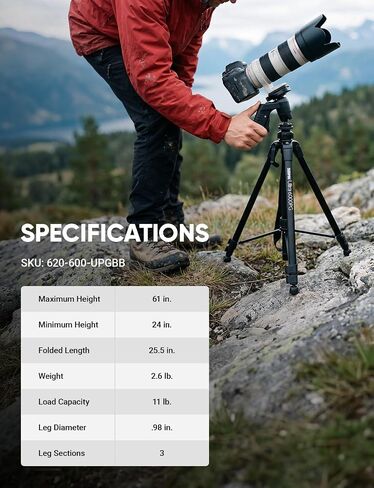 Sunpak 61" Aluminum Video & Camera Tripod with Pistol Grip Ball Head Stand | Lightweight, durable 61" tripod with self-leveling rubber feet, bull's-eye level, and geared center column. in Kuwait