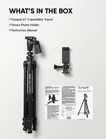 Sunpak 61" Aluminum Video & Camera Tripod with Pistol Grip Ball Head Stand | Lightweight, durable 61" tripod with self-leveling rubber feet, bull's-eye level, and geared center column. in Kuwait