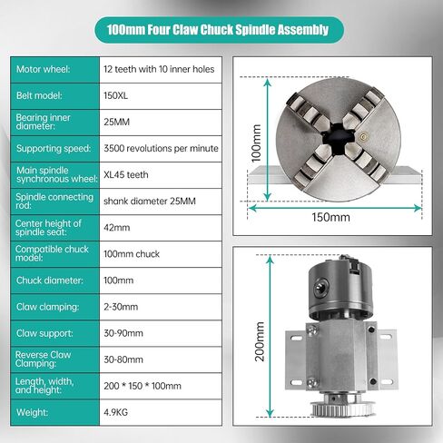 No Powered Multi-Function Lathe Chuck Spindle Assemblies | Rotary Lathe Woodworking Motor Chuck 4 Jaw 100mm for CNC Lathe Grinder Drilling Machine Table Saw in Kuwait