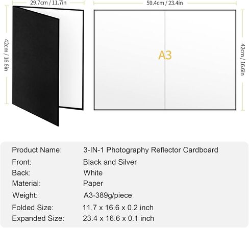 Meking 3 in 1 Photography Reflector Cardboard, 12 x 8 in Light Diffuser | Folding Board for Still Life, Product and Food Photo Shooting - Black, Silver and White, 2 Pack in Kuwait