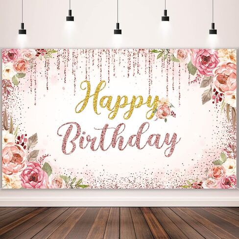 Happy Birthday Backdrop Decorations for Women Background Party Supplies Rose Backdrop Photography for Girls Boys Floral Glitters Banner Wedding Baby Shower Decor (Rose Gold) in Kuwait