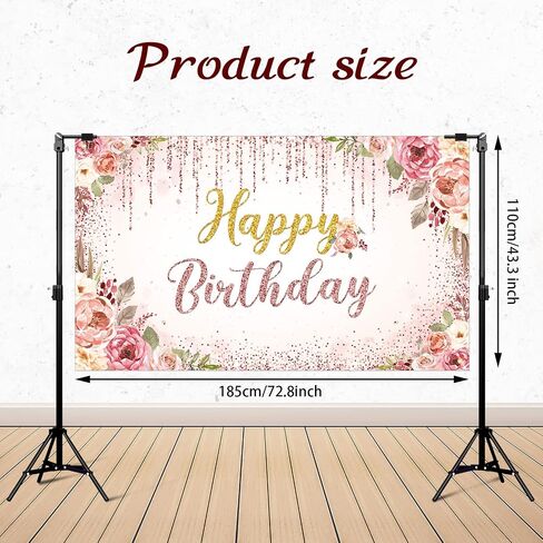 Happy Birthday Backdrop Decorations for Women Background Party Supplies Rose Backdrop Photography for Girls Boys Floral Glitters Banner Wedding Baby Shower Decor (Rose Gold) in Kuwait