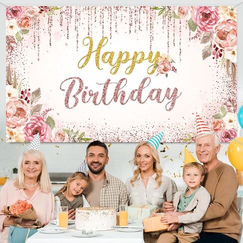 Happy Birthday Backdrop Decorations for Women Background Party Supplies Rose Backdrop Photography for Girls Boys Floral Glitters Banner Wedding Baby Shower Decor (Rose Gold) in Kuwait