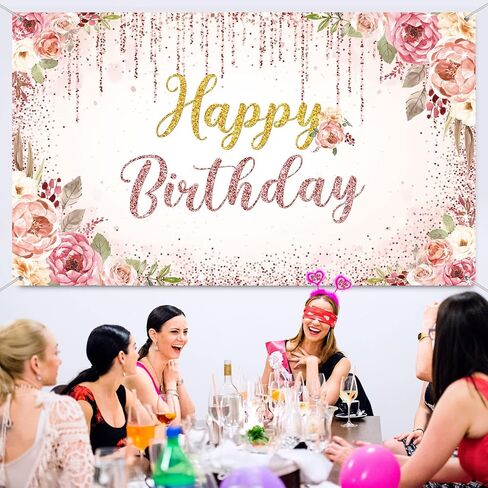 Happy Birthday Backdrop Decorations for Women Background Party Supplies Rose Backdrop Photography for Girls Boys Floral Glitters Banner Wedding Baby Shower Decor (Rose Gold) in Kuwait