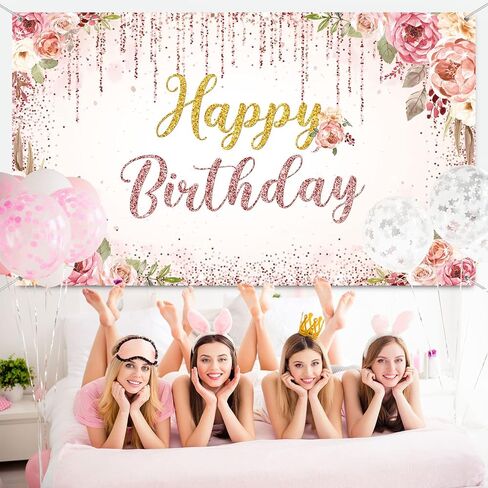 Happy Birthday Backdrop Decorations for Women Background Party Supplies Rose Backdrop Photography for Girls Boys Floral Glitters Banner Wedding Baby Shower Decor (Rose Gold) in Kuwait