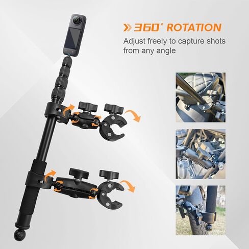 Motorcycle Camera Mount for Insta 360 X5 X4 X3, for DJI Osmo & GoPro Cameras, Bike Handlebar Mounts with 59" Invisible Selfie Stick Bundle Kit for Motorcycle Bike Riding in Kuwait