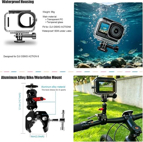 Accessories Kit for DJI Osmo Action 6 Aluminum Alloy Bike Mount Selfie Stick Tripod, Waterproof Housing, Magnetic Mount with Chest Strap, Head Mount, Carrying Case DJ6B (DJI OSMO ACTION6) in Kuwait