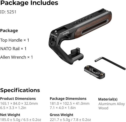 SmallRig Wooden Top Handle with NATO Clamp & NATO Rail, Wooden Top Handle for Camera Cage, Load Capacity up to 15kg / 33.1lb, 3/8"-16 Locating Holes for ARRI & 1/4''-20 Threaded Holes - 5251 in Kuwait