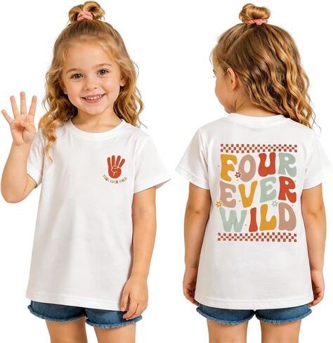 BOUTIKOME Four Ever Wild 4th Birthday Girl Shirt 4 Year Old Toddler Girl Birthday Outfit Kids Fourth B-Day Party Gift Tee Top in Kuwait