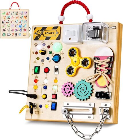 Montessori Wooden Busy Board Toys for 1 2 3 Boys Girls,Toddler Sensory Educational Fidget Board Travel Toy with LED Light Up Switches & Music Boxes, Locks for Kids Gifts in Kuwait