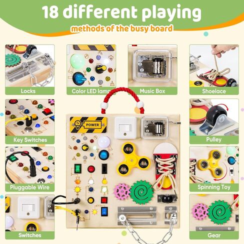 Montessori Wooden Busy Board Toys for 1 2 3 Boys Girls,Toddler Sensory Educational Fidget Board Travel Toy with LED Light Up Switches & Music Boxes, Locks for Kids Gifts in Kuwait