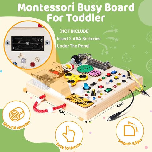 Montessori Wooden Busy Board Toys for 1 2 3 Boys Girls,Toddler Sensory Educational Fidget Board Travel Toy with LED Light Up Switches & Music Boxes, Locks for Kids Gifts in Kuwait