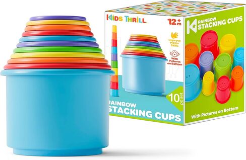 KIDSTHRILL Rainbow Colors Baby Stacking Cups for Toddlers, Tall Baby Stacking Toys Nesting Cups, Drain Holes for Bath Toys, Educational & Motor Skills Sorting & Nesting for 1 2 3 Years Old in Kuwait