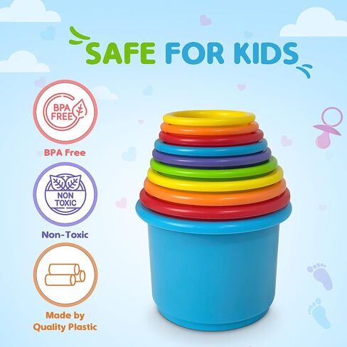 KIDSTHRILL Rainbow Colors Baby Stacking Cups for Toddlers, Tall Baby Stacking Toys Nesting Cups, Drain Holes for Bath Toys, Educational & Motor Skills Sorting & Nesting for 1 2 3 Years Old in Kuwait