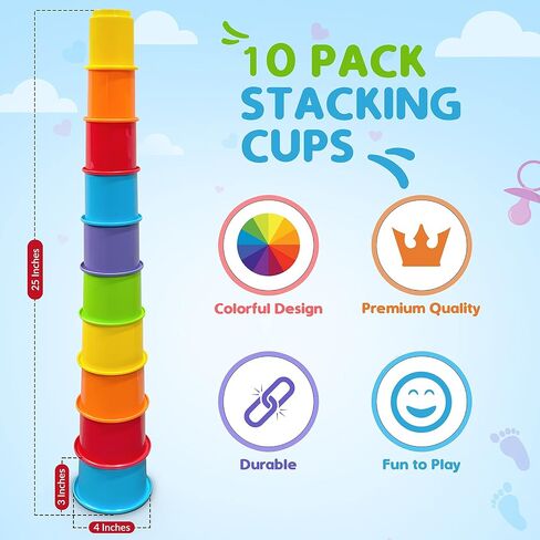 KIDSTHRILL Rainbow Colors Baby Stacking Cups for Toddlers, Tall Baby Stacking Toys Nesting Cups, Drain Holes for Bath Toys, Educational & Motor Skills Sorting & Nesting for 1 2 3 Years Old in Kuwait