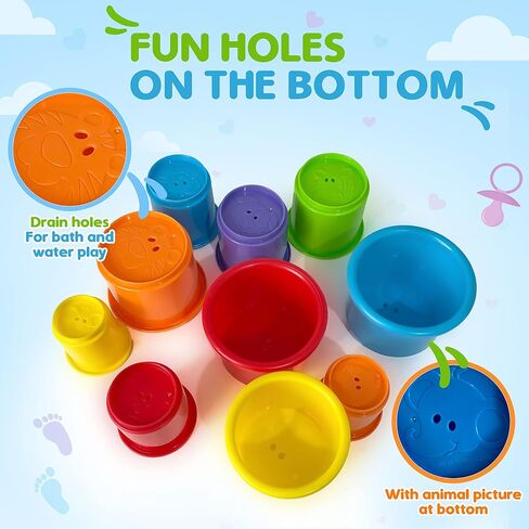 KIDSTHRILL Rainbow Colors Baby Stacking Cups for Toddlers, Tall Baby Stacking Toys Nesting Cups, Drain Holes for Bath Toys, Educational & Motor Skills Sorting & Nesting for 1 2 3 Years Old in Kuwait