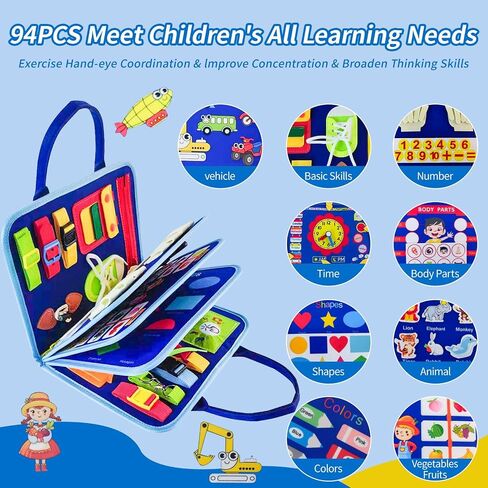 Toddlers Busy Board, Montessori Sensory Activity Board with Fine Motor Skills Learning Toys, Travel Toy for Airplane and Car, Educational Gift for Boys and Girls in Kuwait