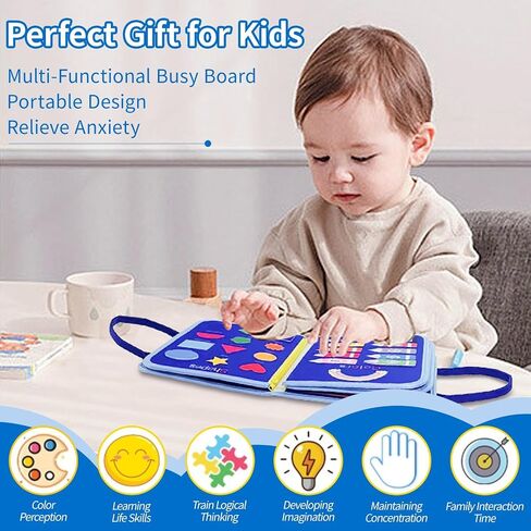 Toddlers Busy Board, Montessori Sensory Activity Board with Fine Motor Skills Learning Toys, Travel Toy for Airplane and Car, Educational Gift for Boys and Girls in Kuwait