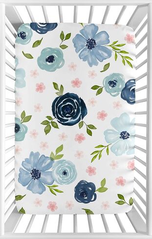 Sweet Jojo Designs Fitted Baby Crib Sheets (Blue/Pink Boho Floral) for Girls, Infant Nursery, Toddler Room - Standard Size (Watercolor, Bohemian, Shabby Chic, Rose, Flower, Farmhouse, Navy, Green) in Kuwait