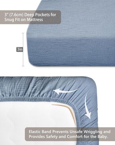 Pack and Play Sheets, Muslin Cotton Nursery Bedding, 27" x 39" | Soft Breathable Muslin Cotton, Fits Pack N Play Mattress, For Baby Boys and Girls, costume blue in Kuwait