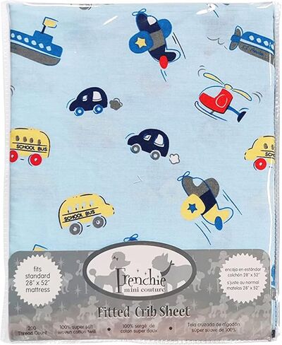 Frenchie Mini Couture, Fitted Crib Sheet Single, 100% Woven Cotton, Toddler Fitted Sheet, Fits Standard Size Baby Mattress 28 x 52 x 8in, Cars, Boats, & Planes (Light Blue) in Kuwait