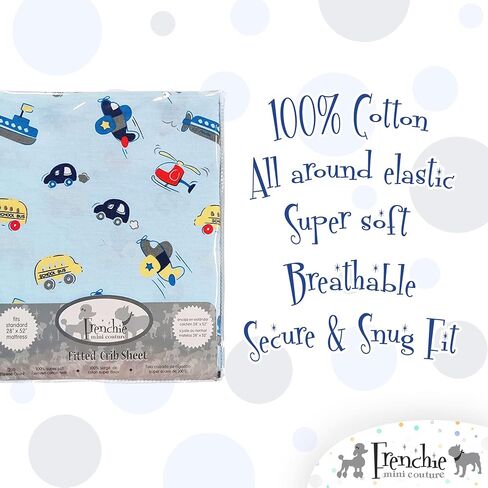 Frenchie Mini Couture, Fitted Crib Sheet Single, 100% Woven Cotton, Toddler Fitted Sheet, Fits Standard Size Baby Mattress 28 x 52 x 8in, Cars, Boats, & Planes (Light Blue) in Kuwait