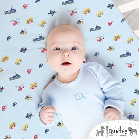 Frenchie Mini Couture, Fitted Crib Sheet Single, 100% Woven Cotton, Toddler Fitted Sheet, Fits Standard Size Baby Mattress 28 x 52 x 8in, Cars, Boats, & Planes (Light Blue) in Kuwait