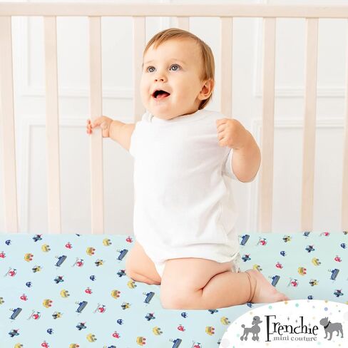 Frenchie Mini Couture, Fitted Crib Sheet Single, 100% Woven Cotton, Toddler Fitted Sheet, Fits Standard Size Baby Mattress 28 x 52 x 8in, Cars, Boats, & Planes (Light Blue) in Kuwait