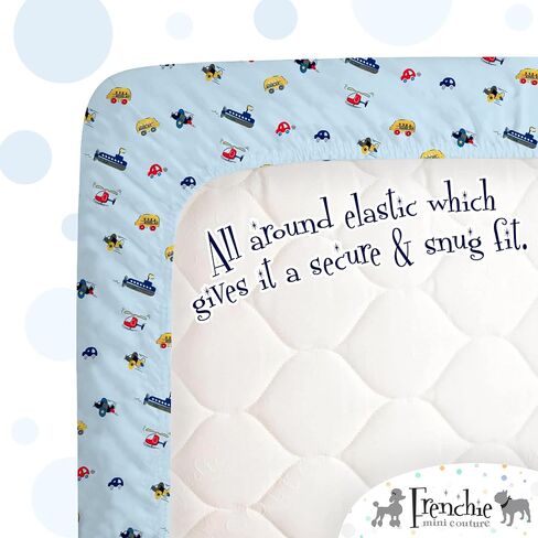 Frenchie Mini Couture, Fitted Crib Sheet Single, 100% Woven Cotton, Toddler Fitted Sheet, Fits Standard Size Baby Mattress 28 x 52 x 8in, Cars, Boats, & Planes (Light Blue) in Kuwait