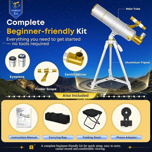 UncleHu 90mm Aperture 600mm Telescope for Adults with Folding Stool | FMC Lens, Telescopes for Adults High Powered (24-180X), Portable Travel Telescope Kit, with Tripod&Phone Adapter&Carrying Bag in Kuwait