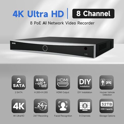 Anpviz AI 12MP/4K 8CH PoE NVR, 2 SATA up to 32TB HDDs, Facial Recognition | Network Video Recorder Supports 12MP IP Cameras, Human/Vehicle Detection, 24/7 Recording, Smart Playback, No Hard Drive in Kuwait
