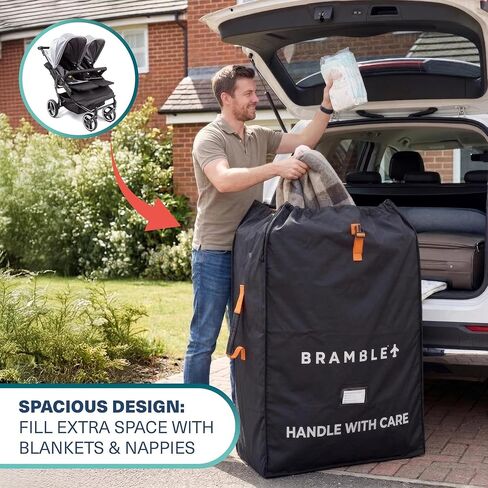 Bramble - XL Double Stroller Bag for Airplane Gate Check - Water Resistant Ballistic Nylon Travel Bag with Padded Neoprene Straps, Carry Pouch & ID Window - 39 x 26 x 16 Inches (Black) in Kuwait