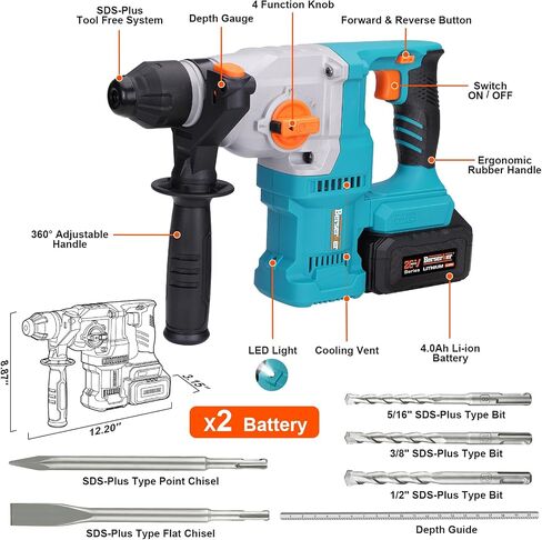 Berserker 1-1/8" SDS-Plus Cordless Rotary Hammer Drill for Concrete 111Plus | 2 x 20V 4.0Ah Lithium-Ion Battery Powered w/ 3A Charger,4 Functions Brushless Motor Variable Speed Safety Clutch Rotomartillo in Kuwait