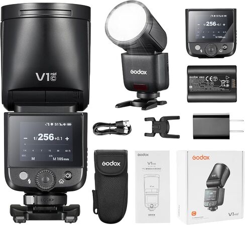 Godox V1mid C TTL Flash for Canon, V1 mid with AK-R1 Accessories Kit | 2.4G HSS Touchscreen, 1.7s Recycle Time 650 Full Power Pops, USB-C Charging Battery, Modeling Lamp for Street Photography in Kuwait