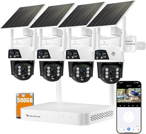 Dual Lens Wireless Home Security System Outdoor, Solar-Powered, 4PCS 2-in-1 Cameras, 10CH 4K NVR, 500GB HDD, 2.4/5GHz WiFi 6, AI Tracking, 360° PTZ, Color Night Vision, IP66, No Monthly Fee in Kuwait