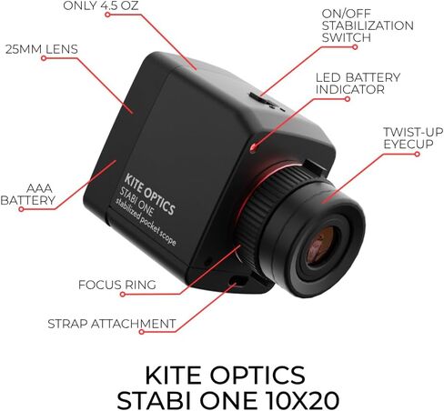 Kite Optics 10x20 Stabi One, Image Stabilized Pocket Monocular, Ultra Compact and Lightweight, 4.5 Oz, AAA Battery, Waterproof IPX1, Birdwatching, Hunting & Outdoor Activities in Kuwait