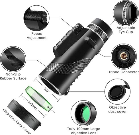 Monocular-Telescope 80x100 High Powered Monoculars High Definition for Adults High Powered with Smartphone Adapter Telescope Wildlife Bird Watching Travel Camping Hiking-Black in Kuwait