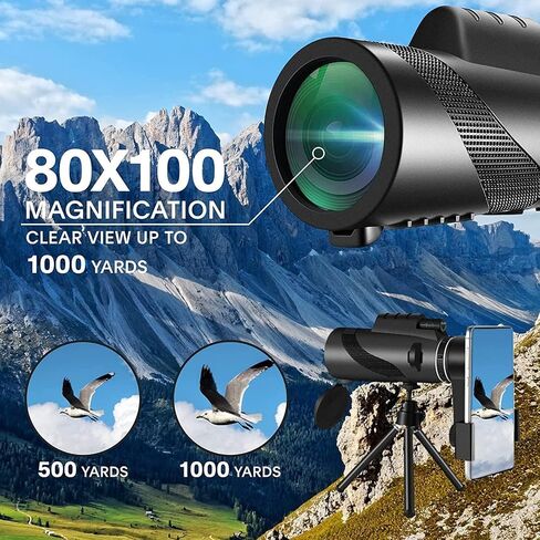 Monocular-Telescope 80x100 High Powered Monoculars High Definition for Adults High Powered with Smartphone Adapter Telescope Wildlife Bird Watching Travel Camping Hiking-Black in Kuwait