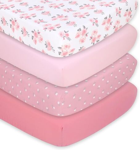 The Peanutshell 4-Pack Fitted Crib Sheet Set - Super Soft & Breathable Baby Girl Crib Sheets, Nursery Decor, Fit for Standard Mattress Cover- Pink Roses and Ditsy in Kuwait
