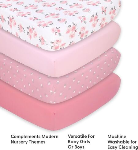 The Peanutshell 4-Pack Fitted Crib Sheet Set - Super Soft & Breathable Baby Girl Crib Sheets, Nursery Decor, Fit for Standard Mattress Cover- Pink Roses and Ditsy in Kuwait