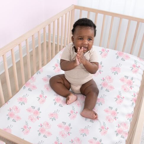 The Peanutshell 4-Pack Fitted Crib Sheet Set - Super Soft & Breathable Baby Girl Crib Sheets, Nursery Decor, Fit for Standard Mattress Cover- Pink Roses and Ditsy in Kuwait