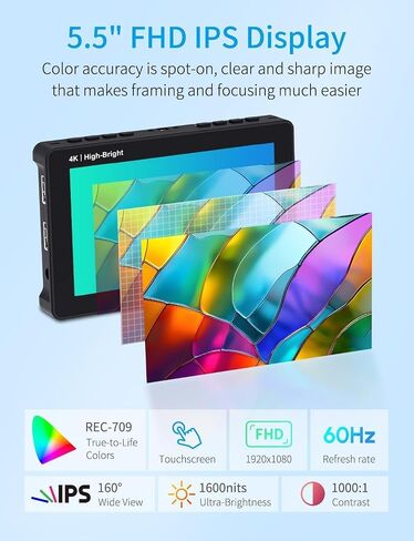 FEELWORLD F5 Prox 5.5 Inch Camera Field Monitor 1600nit High Bright Touch Screen,1920x1080 DSLR HD 4K for Filmmakers Videographer Outdoor Accurate Focus Expose with F750 Battery Carry Bag Tilt Arm in Kuwait